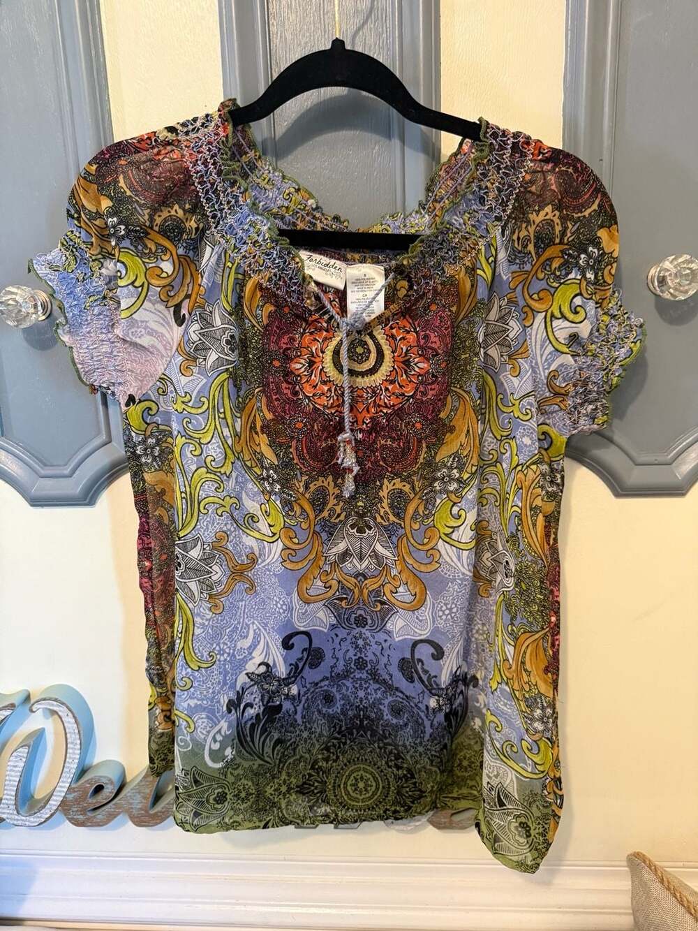 Forbidden Los Angeles Multicolor Paisley Boho Blouse with Beaded Detail